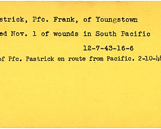 World War II, Vindicator, Frank Pastrick, Youngstown, wounded, died of wounds, South Pacific, 1943, body en route from Pacific, 1948