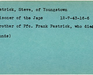 World War II, Vindicator, Steve Pastrick, Youngstown, prisoner, Japs, Japanese, Japan, 1943, brother Fank Pastrick