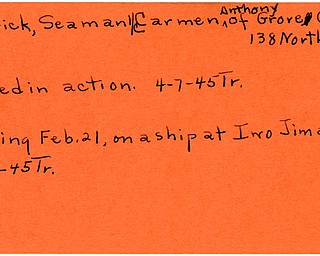 World War II, Vindicator, Carmen Anthony Patrick, Grove City, missing, Iwo Jima, killed, 1945, Trumbull