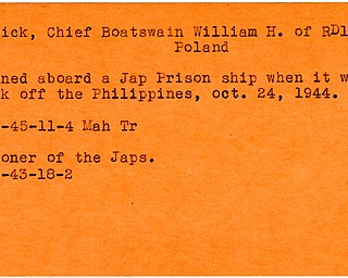 World War II, Vindicator, William H. Patrick, Poland, prisoner, Japs, Japanese, Japan, 1943, drowned, Philippines, 1944, 1945, Mahoning, Trumbull
