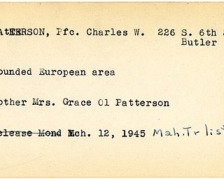 World War II, Vindicator, Charles W. Patterson, Butler, wounded, Europe, Mrs. Grace Ol Patterson, 1945, Mahoning, Trumbull