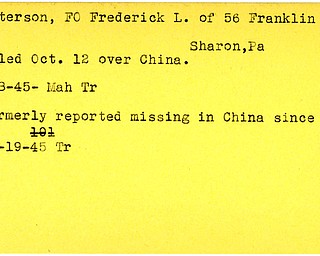 World War II, Vindicator, Frederick L. Patterson, Sharon, Pennsylvania, missing, China, killed, 1945, Mahoning, Trumbull