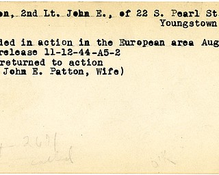 World War II, Vindicator, John E. Patton, Youngstown, wounded, Europe, 1944, returned to action, Mrs. John E. Patton
