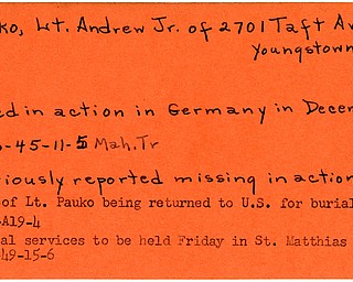 World War II, Vindicator, Andrew Pauko Jr., Youngstown, missing, killed, Germany, 1945, body returned to U.S, bruial, funeral, St. Matthias Church, 1949