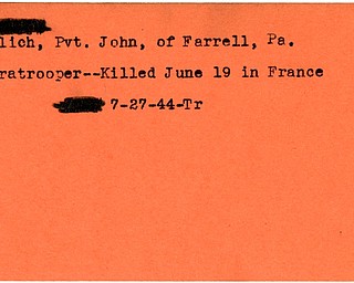 World War II, Vindicator, John Pavlich, Farrell, Pennsylvania, killed, France, 1944, Trumbull