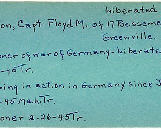 World War II, Vindicator, Floyd M. Paxton, Greenville, missing, prisoner, Germany, liberated, 1945, Mahoning, Trumbull