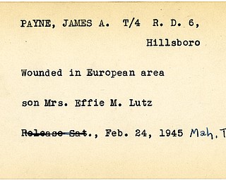 World War II, Vindicator, James A. Payne, Hillsboro, wounded, Europe, Mrs. Effie M. Lutz, 1945, Mahoning, Trumbull