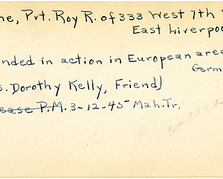 World War II, Vindicator, Roy R. Payne, East Liverpool, wounded, Europe, Germany, Mrs. Dorothy Kelly, 1945, Mahoning, Trumbull