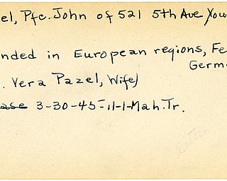 World War II, Vindicator, John Pazel, Youngstown, wounded, Europe, Germany, Mrs. Vera Pazel, 1945, Mahoning, Trumbull