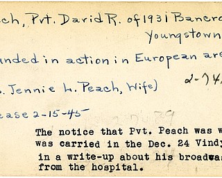 World War II, Vindicator, David R. Peach, Youngstown, wounded, Europe, Mrs. Jennie L. Peach, 1945