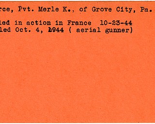 World War II, Vindicator, Merle K. Pearce, Grove City, Pennsylvania, killed, France, 1944