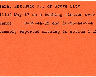 World War II, Vindicator, Budd W. Peare, Grove City, missing, 1944, killed, France, Trumbull