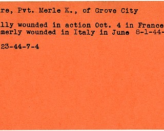 World War II, Vindicator, Merle K. Peare, Grove City, wounded, Italy, wounded second time, France, 1944