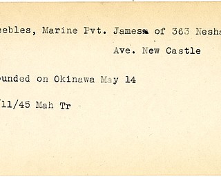 World War II, Vindicator, James Peebles, New Castle, wounded, Okinawa, 1945, Mahoning, Trumbull