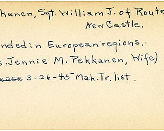 World War II, Vindicator, William J. Pekkanen, New Castle, wounded, Europe, Mrs. Jennie M. Pekkanen, 1945, Mahoning, Trumbull