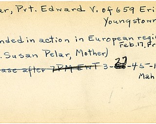 World War II, Vindicator, Edward V. Pelar, Youngstown, wounded, Europe, France, Mrs. Susan Pelar, 1945, Mahoning, Trumbull