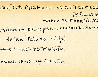 World War II, Vindicator, Michael Peluso, New Castle, wounded, Europe, Germany, Mrs. Helen Peluso, 1944, 1945, Mahoning, Trumbull