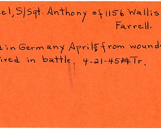 World War II, Vindicator, Anthony Pendel, Farrell, wounded, died of wounds, killed, Germany, 1945, Trumbull