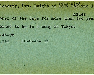 World War II, Vindicator, Dwight Pendleberry, Niles, prisoner, Japs, Japanese, Japan, Tokyo, liberated, 1945, Trumbull