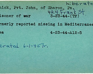 World War II, Vindicator, John Penick, Sharon, Pennsylvania, missing, Mediterranean, prisoner, 1944, liberated, 1945, Trumbull
