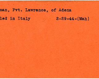 World War II, Vindicator, Lawrence Penman, Adena, killed, Italy, 1944, Mahoning