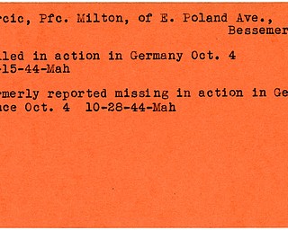 World War II, Vindicator, Milton Percic, Bessemer, missing, Germany, killed, 1944, Mahoning