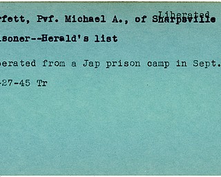 World War II, Vindicator, Michael A. Perfett, Sharpsville, prisoner, liberated, Jap prison camp, Japanese, 1945, Trumbull