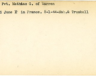 World War II, Vindicator, Mathias G. Perin, Warren, wounded, France, 1944, Mahoning, Trumbull