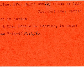 World War II, Vindicator, Ralph Edwin Perrine, Warren, killed, Mr. & Mrs. Donald C. Perrine, 1945, Mahoning, Trumbull