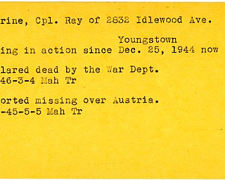World War II, Vindicator, Ray Perrine, Youngstown, missing, 1944, Austria, declared dead, 1945, 1946, Mahoning, Trumbull