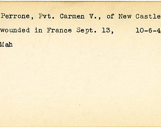 World War II, Vindicator, Carmen V. Perrone, New Castle, Pennsylvania, wounded, France, 1944, Mahoning