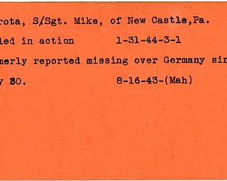 World War II, Vindicator, Mike Perrota, New Castle, Pennsylvania, missing, Germany, killed, 1943, 1944, Mahoning
