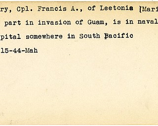 World War II, Vindicator, Francis A. Perry, Leetonia, Guam, South Pacific, 1944, Mahoning
