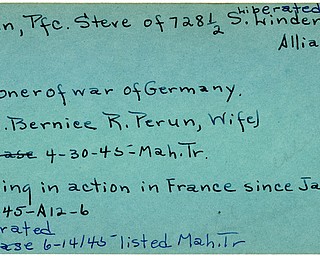 World War II, Vindicator, Steve Perun, Alliance, prisoner, Germany, Mrs. Bernice R. Perun, 1945, missing, France, liberated, Mahoning, Trumbull