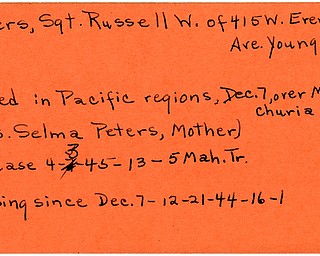 World War II, Vindicator, Russell W. Peters, Youngstown, killed, Pacific, Manchuria, Mrs. Selma Peters, 1945, missing, 1944, Mahoning, Trumbull