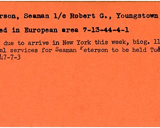 World War II, Vindicator, Robert G. Peterson, Youngstown, killed, Europe, 1944, body arrived in New York, funeral, 1947