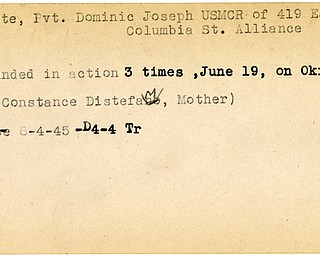 World War II, Vindicator, Dominic Joseph Petitte, Alliance, wounded, wounded three times, Okinawa, Mrs. Constance Distefam, 1945, Trumbull