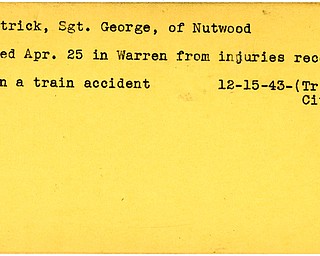 World War II, Vindicator, George Petrick, Nutwood, Warren, died from injuries, train accident, 1943, Trumbull