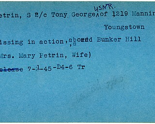 World War II, Vindicator, Tony George Petrin, Youngstown, missing, Bunker Hill, Mrs. Mary Petrin, 1945, Trumbull