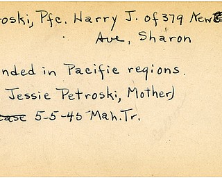 World War II, Vindicator, Harry J. Petroski, Sharon, wounded, Pacific, Mrs. Jessie Petroski, 1945, Mahoning, Trumbull