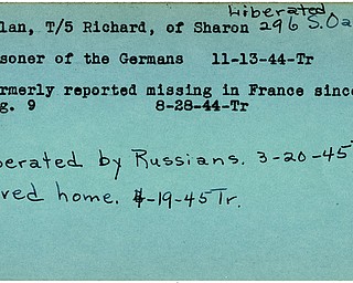 World War II, Vindicator, Richard Phelan, Sharon, prisoner, Germans, Germany, missing, France, liberated, liberated by Russians, arrived home, 1944, 1945, Trumbull