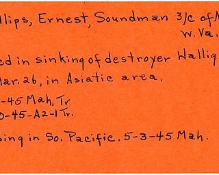 World War II, Vindicator, Ernest Phillips, Newell, West Virginia, missing, South Pacific, killed, sinking destroyer Halligan, Asiatic area, 1945, Mahoning, Trumbull