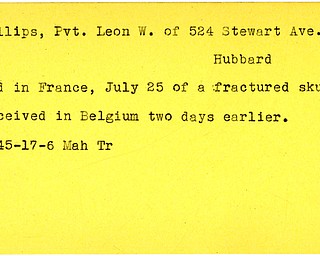 World War II, Vindicator, Leon W. Phillips, Hubbard, wounded, died fractured skull, Belgium, France, 1945, Mahoning, Trumbull