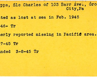 World War II, Vindicator, Charles Phipps, Grove City, Pennsylvania, wounded, missing, Pacific, lost at sea, 1945, 1946, Trumbull