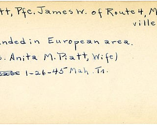 World War II, Vindicator, James W. Piatt, Meadville, wounded, Europe, Mrs. Anita M. Piatt, 1944, Mahoning, Trumbull