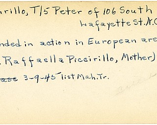 World War II, Vindicator, Peter Piccirillo, New Castle, wounded, Europe, Mrs. Raffaella Piccirillo, 1945, Mahoning, Trumbull