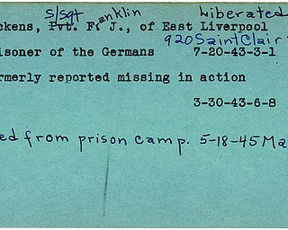 World War II, Vindicator, Franklin J. Pickens, East Liverpool, missing, prisoner, Germans, Germany, liberated, 1943, 1945, Mahoning, Trumbull