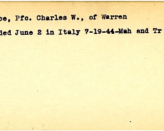 World War II, Vindicator, Charles W. Pierce, Warren, wounded, Italy, 1944, Mahoning, Trumbull