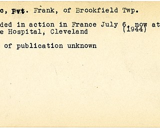 World War II, Vindicator, Frank Pipic, Brookfield Township, wounded, France, Crile Hospital, Cleveland, 1944