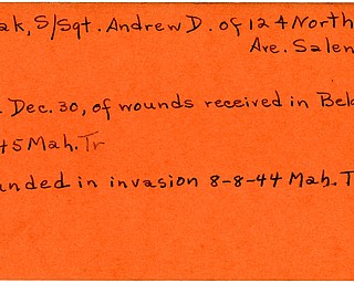 World War II, Vindicator, Andrew D. Piriak, Salem, wounded, died of wounds, killed, Belgium, 1944, 1945, Mahoning, Trumbull